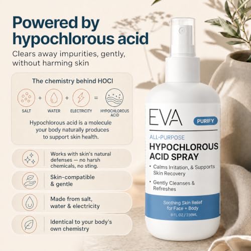 Eva Naturals Hypochlorous Acid Spray 8 Fl Oz Pack of 2 - Face & Body Mist for Sensitive Skin, Redness & Irritation Relief