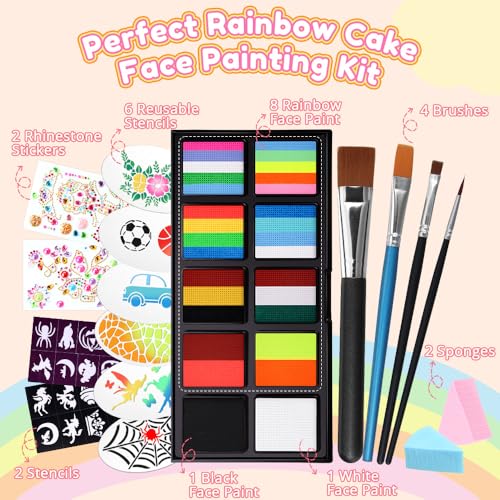 Janolia Rainbow Face Paint Kit - Water Activated, Split Cake Face Paint, Ideal for Kids Party, Halloween, Carnival, Easter
