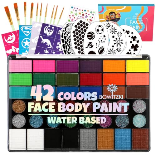 Bowitzki Face Paint Kit for Adults Stencils Glitter Brushes Face Painting Set for Sensitive Skin Water Based FDA Compliant Professional Body Painting (42 new)