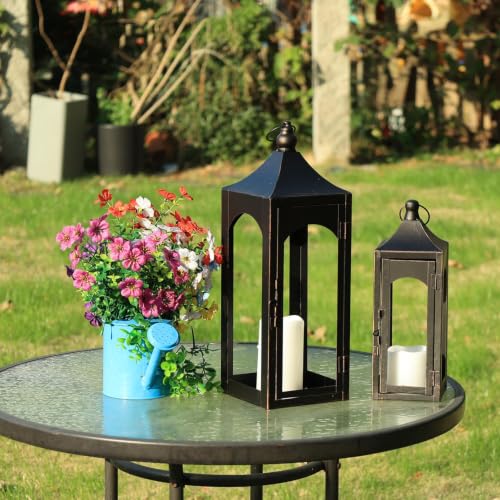 Decorative Lanterns Set of 3 - Bronze Outdoor Metal Candle Holders with LED Candles