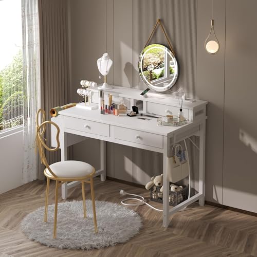 Kids White Desk with Fabric Drawers - 31.5 Inch Vanity & Study Table
