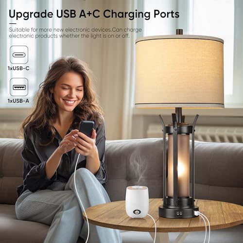 QiMH 26 Inch Rustic Black Table Lamp Set - Farmhouse Bedside Lighting with USB Ports - Style 1