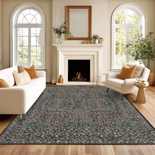 8x10 Green Washable Area Rug for Living Room & Bedroom - Non-Slip, Floral Design - Variation: Green / 8' x 10' Oblong