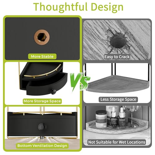 2-Tier Corner Bathroom Counter Organizer with Drawer Black Gold 7.68" x 7.68" x 15.75"