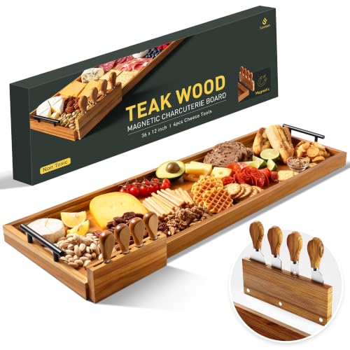 Large 36 Inch Teak Charcuterie Board with 4-Piece Cheese Knife Set & Handles - Variation of THIS listing
