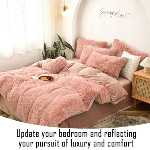 King Shaggy Faux Fur Comforter Cover Set - Blush Pink 5-Piece Luxury Bed Set