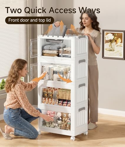 White 35 QT Stackable Storage Bins with Lids - 4 Tier Collapsible Plastic Closet Organizer