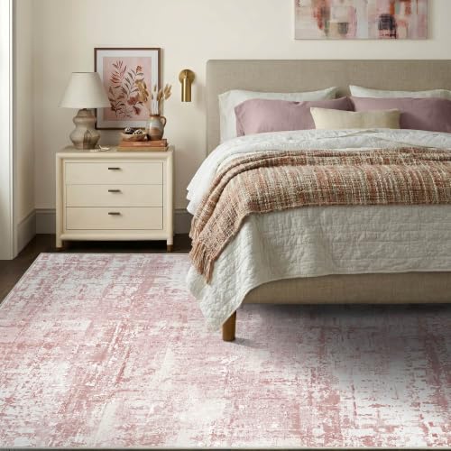 Pink 8x10 Modern Abstract Washable Area Rug - 0.31" Low-Pile, Non-Slip Backing, for Living Room