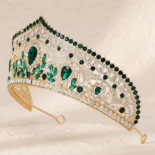 Crystal Wedding Tiara for Women Royal Queen Crown Headband - Gold & Green Style D