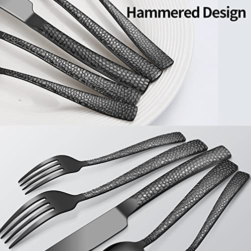 40-Piece Black Silverware Set - Stainless Steel Flatware for 8 with Hammered Handles