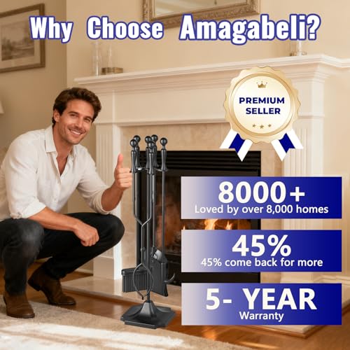 AMAGABELI Fireplace Tools Set 5 Pieces with Pyramid Base Black - 31 Inch Wrought Iron Fireplace Accessories