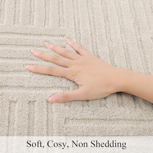SHACOS Beige 5'3"x7'3" Fluffy Geometric Area Rug - Non Slip Washable Modern Carpet