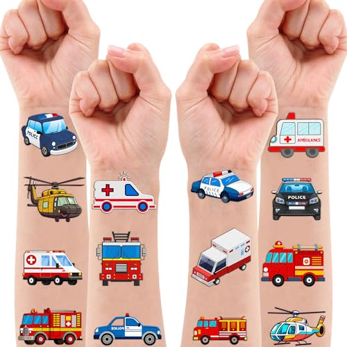 96 PCS Emergency Transportation Pre-Cut Temporary Tattoos Themed Birthday Party Decorations Favors Supplies Decor Vehicle Ambulance Tattoo Stickers Gifts For Game Boys Girls School Prizes Reward