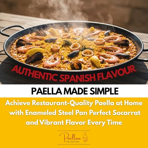 22 Inch Enamelled Steel Paella Pan with No-Rust Carbon Steel Skillet - 16 Servings