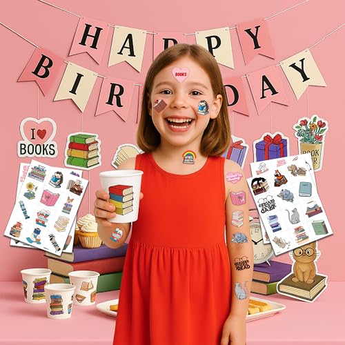 96 PCS Reading Book Library Pre-Cut Temporary Tattoos Sticker Booklish Nerd Birthday Party Decorations Favors Supplies Gifts Boys Girls Teachers Adult Tattoo School Reward Themed (Normal)