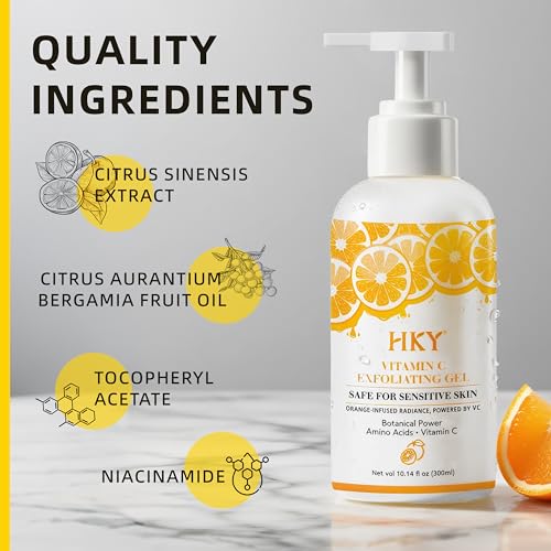 HKY Vitamin C Exfoliating Gel for Face & Body (10.14 fl oz) - Brightening Orange Peeling Gel with Niacinamide, Salicylic Acid & Centella - Gentle Dead Skin Remover Scrub for Smooth, Glowing Skin