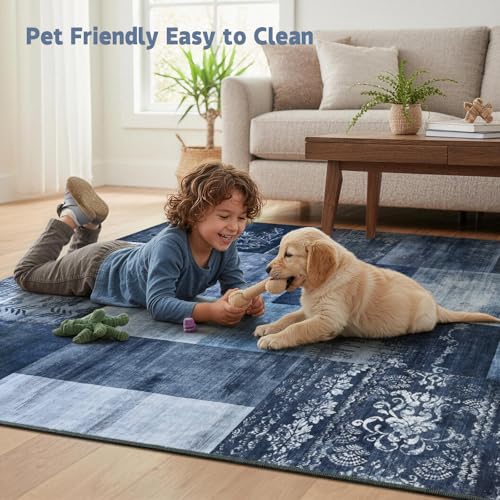 Washable Area Rug 6x9 Navy Blue Geometric Patchwork Non-Slip Stain-Resistant for Living Room