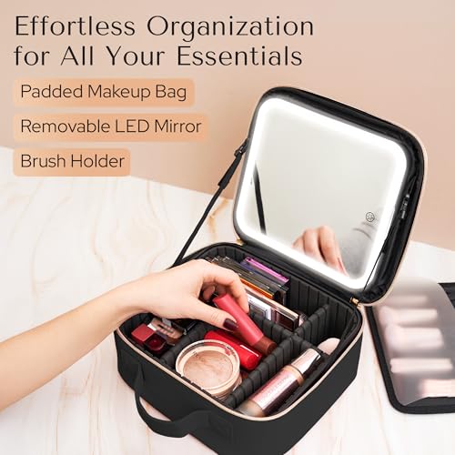 Makeup Bag with LED Mirror ? Travel Cosmetic Organizer with Lighted Mirror, Adjustable Dividers & Brush Holder Storage ? Portable PU Leather Makeup Case for Women & Girls - Black