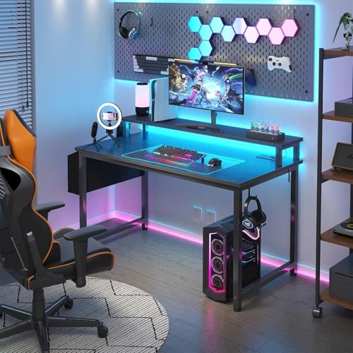 Lufeiya 39.4-Inch Gaming Desk with RGB LED Lights & Power Outlets, Monitor Stand, Black