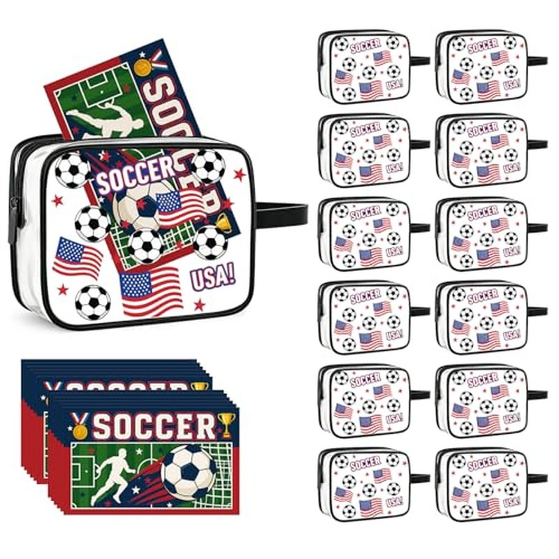 12 Pcs Soccer Goodie Bags, Clear PVC Snack and Soccer Makeup Bags with Printed USA Flag, Waterproof Zipper Pouches, Ideal for Game Day, Team Gifts & Party Favors