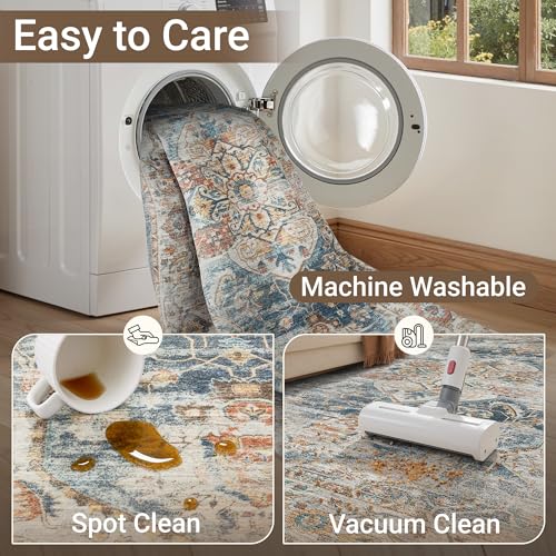 Navy 8x10 Area Rug - Washable Non-Slip Vintage Living Room Carpet