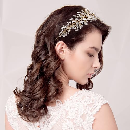 Gold Crystal Wedding Headband Rhinestone Bridal Hair Accessories Handmade Leaf Design