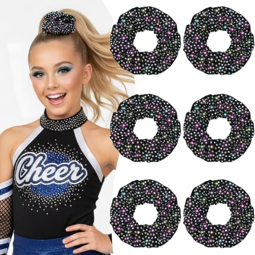 6 Pcs Glitter Black Rhinestone Cheerleading Scrunchies - Sparkly Hair Accessories for Cheerleaders & Dance