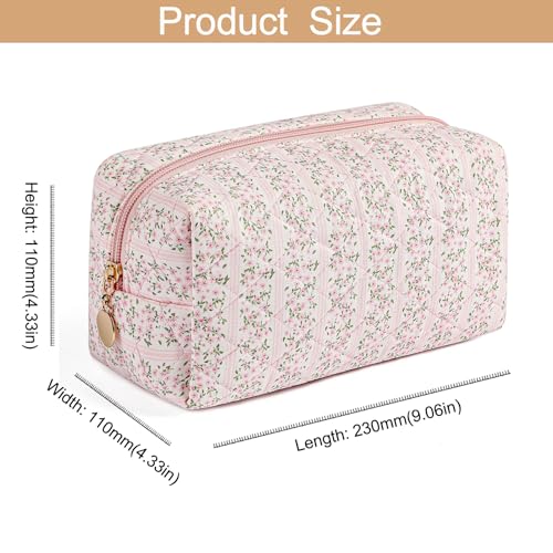 2 Pcs Makeup Bag Cosmetic Bag for Women Girls, Cute Large Large Floral Cosmetic Bag, Flower Travel Toiletry Bag Makeup Brushes Cotton Makeup Bag Set (Pink+Pink)