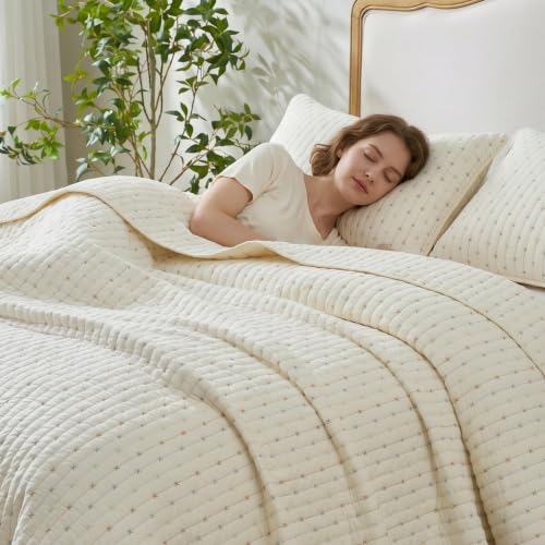Cream White Cross Stitch Quilt Set - 100% Cotton King Bedding with Pillow Shams