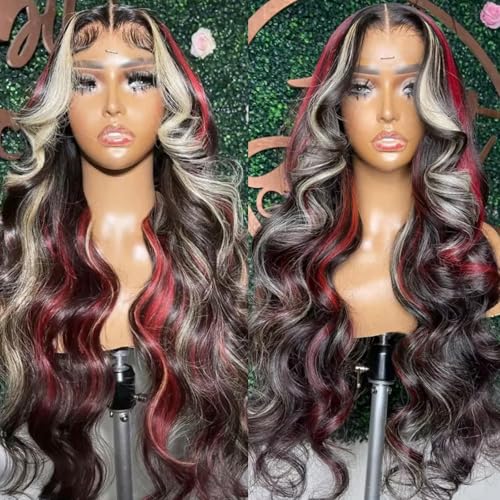 EVLYNN 26in 13x4 HD Lace Front Wig - Black Red with Blonde Highlight, Pre-Plucked, Baby Hair, Wavy Skunk Stripe