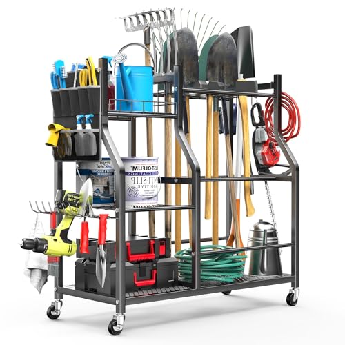 OrganizeLink 36" Large Freestanding Garden Tool Organizer with Wheels, Side Pocket