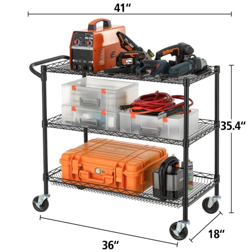 Heavy Duty 3-Tier Utility Cart - 36L x 18W x 35.4H Steel Wire Rolling Cart with Handle, Black