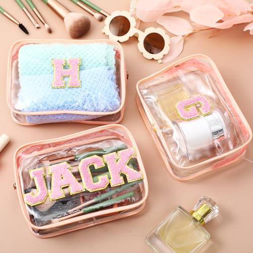 Pink Clear Makeup Bag with Initial Chenille Patches - 12 Pack, Personalizable