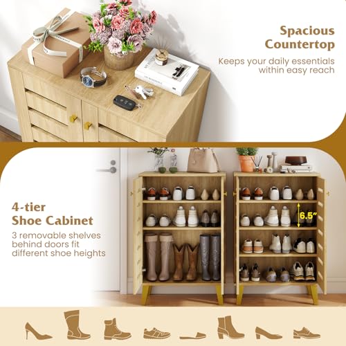 GIANTEX Shoe Cabinet with Doors - Slatted Door Modern Wooden Narrow Shoe Storage