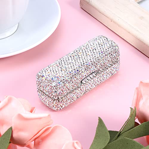 Rhinestone Lipstick Case with Mirror Bling Crystal Lipstick Case Diamonds Makeup Cosmetic Storage Box Holder for Purse(COLOR:White)