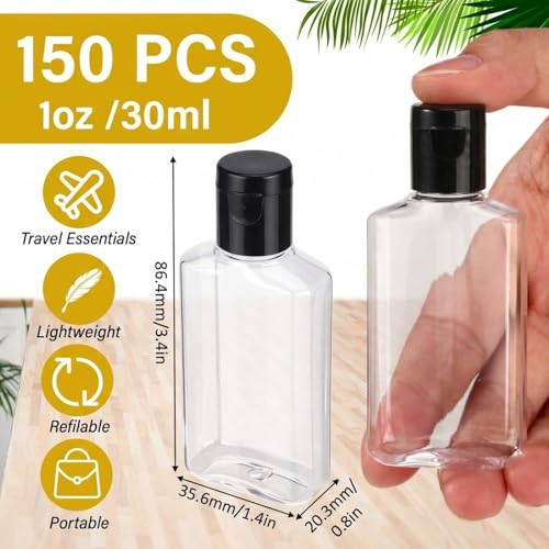 Travel Refillable Plastic Bottles Set 150 pcs 30ml Black Lid - Leakproof, Portable Toiletry Containers