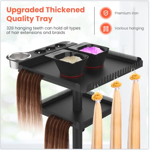 Salon Hair Extensions Organizer Cart with Magnetic Bowls & Adjustable Height - Black