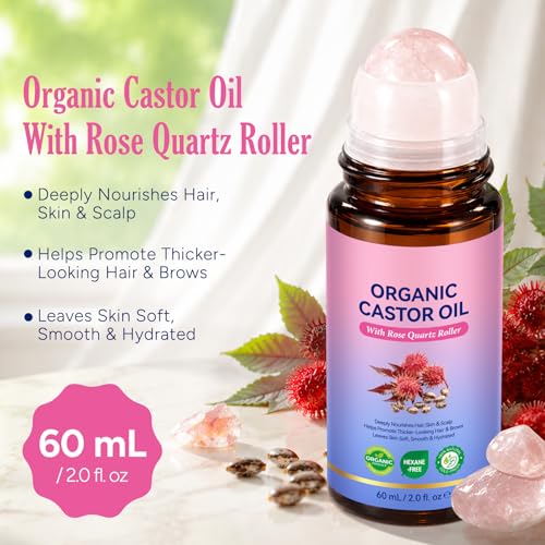 120ML Organic Castor Oil with Rose Quartz Roller - Pure Cold-Pressed Skin & Hair Nourishment
