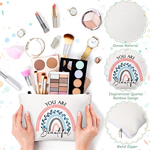 Coume 30 Pcs Inspirational Canvas Makeup Bags Bulk Employee Appreciation Gift for Women Motivational Cosmetic Bags with Zipper Boho Makeup Pouch Christmas Gift for Travel Coworker Teacher(Rainbow)