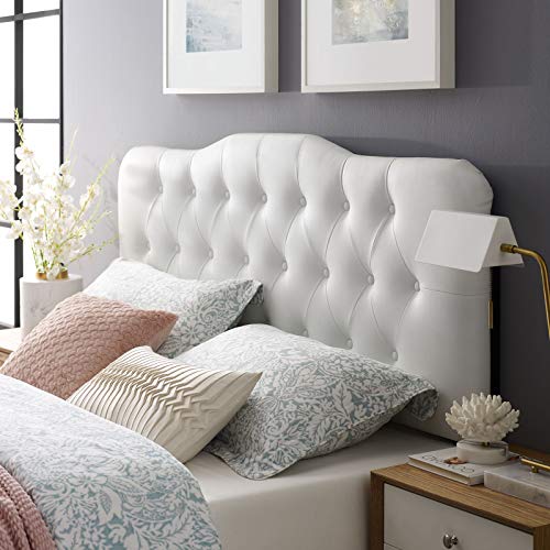 Full Headboard with Tufted Button Design - Faux Leather Upholstered Bed Frame in White