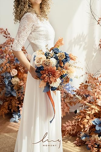 Orange & Navy Blue Bridal Bouquet - Small Freeform Wedding Flowers with Pearls & Crystals