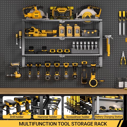 Heavy Duty Power Tool Wall Organizer Rack for 10 Cordless Drills - Extra Tall 4 Layer Storage Shelf
