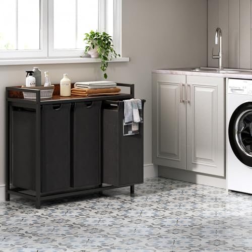 Laundry Hamper with 3 Detachable Bags & Shelf - Rustic Brown & Black - 3 x 15.87 Gallons