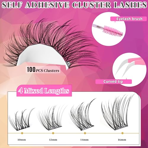 Self Adhesive Eyelashes Clusters Wispy Eyelash Extension Self Adhesive Eyelashes Reusable Press on Lashes No Glue Needed lash Clusters 10-16mm D Curl Individual Lashes Extensions with Tweezers