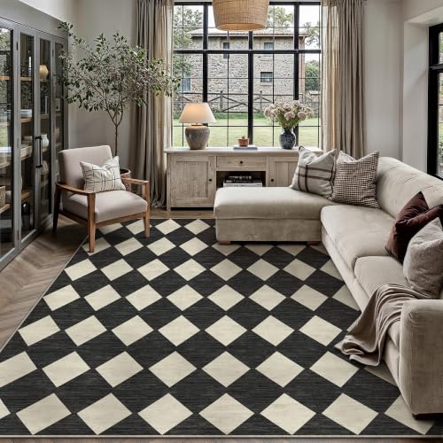 Black 6x9 Checkered Washable Area Rug - Non-Slip Living Room Carpet