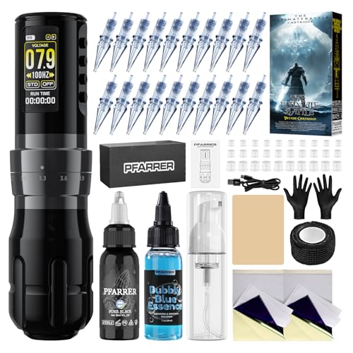 PFARRER Wireless Tattoo Gun Kit with 20 Cartridges & Practice Skin