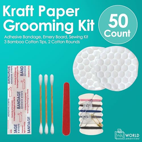 World Amenities Kraft Paper Grooming Kit - Travel Size Toiletries - Cotton Rounds, Bamboo Cotton Tips, Sewing Kit, Emery Board (50 Pack)