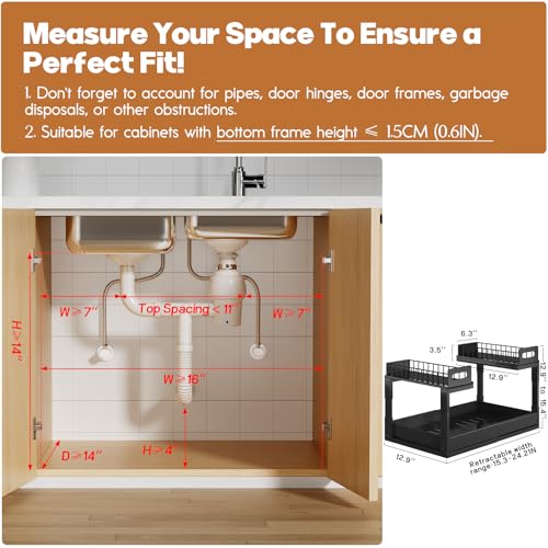 Expandable Under Sink Organizer 15.3-24.2 Inches Black 2-Tier Pull-Out Storage