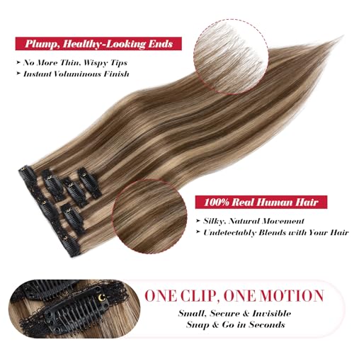 Clip-In Hair Extensions Medium Brown Mixed Dark Blonde 10 Inch - 5 Pieces Remy Human Hair