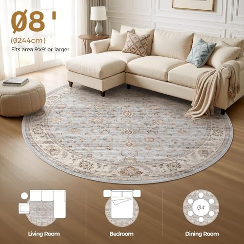 8ft Round Washable Area Rug - Non-Slip Boho Carpet with Vintage Floral Pattern - Dusty Blue-Gray/Skye/Cerulean Variation